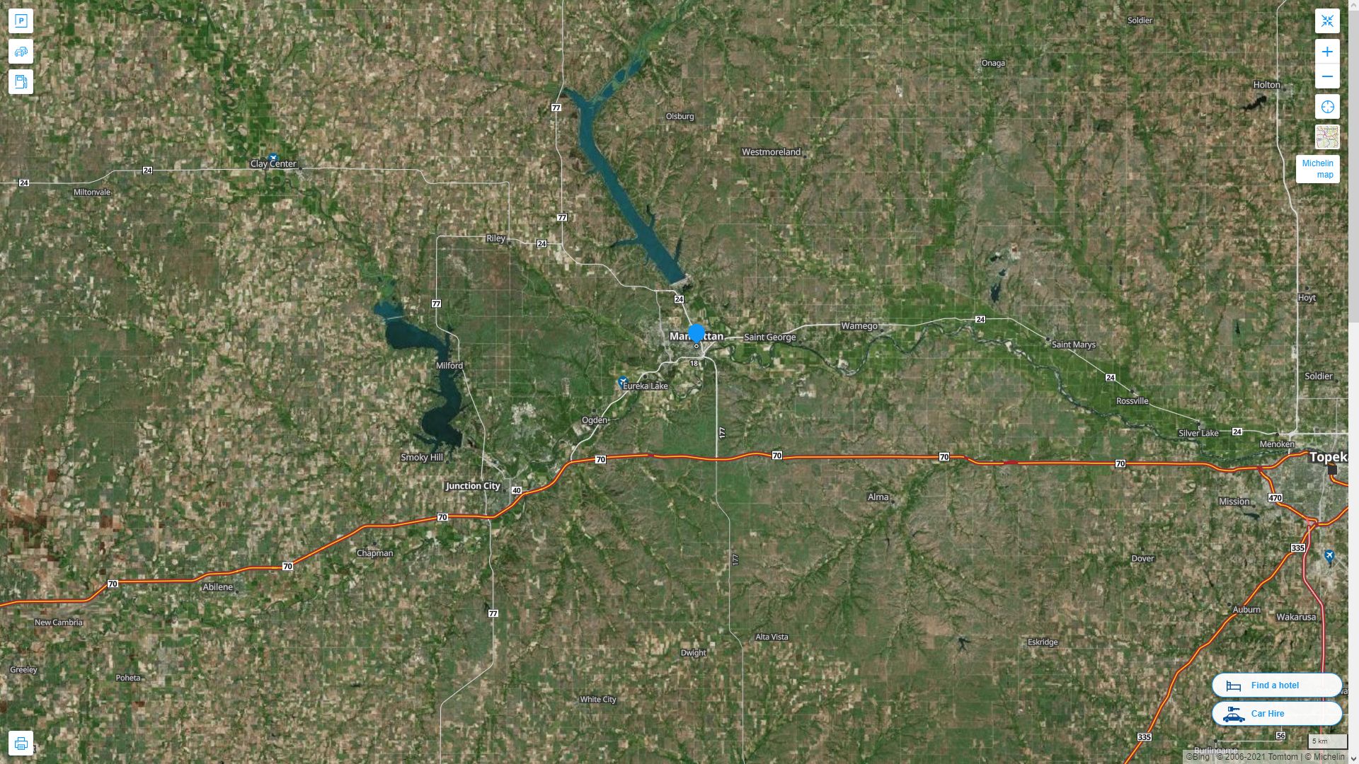 Manhattan Kansas Highway and Road Map with Satellite View